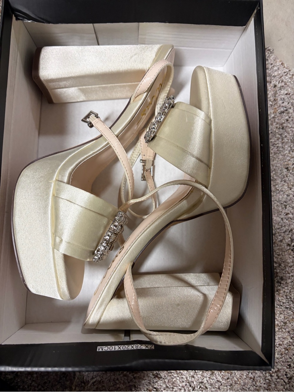 Lulu's Ivory Satin Platform Heel Sandals with Rhinestone Accent